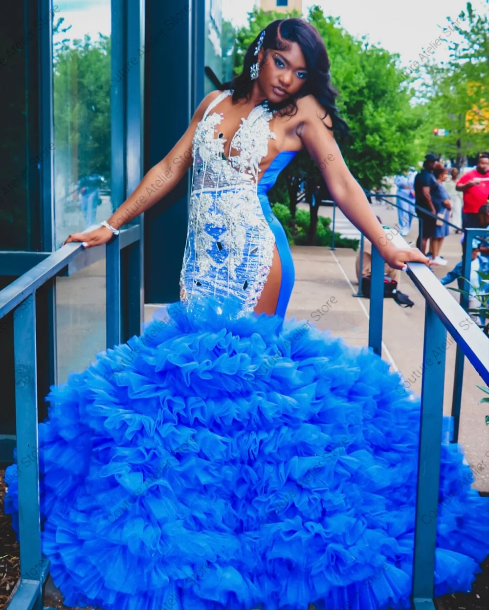 Abito da ballo a sirena con perline di cristallo increspate in tulle blu royal, per San Valentino, abito da compleanno, abito da cocktail per ragazza nera personalizzato