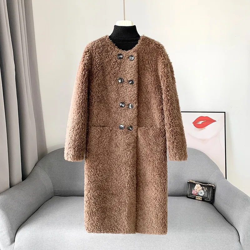 2023 Winter New Lamb's Wool Medium-length Coat Double-breasted Young Sheep Shearling Jacket Parka JT404