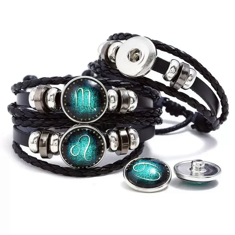 12pcs/Set Hand-Woven Constellation Leather Bracelets Adjustable Multi-Layer Luminous Bangle Men Women's Jewelry Gifts