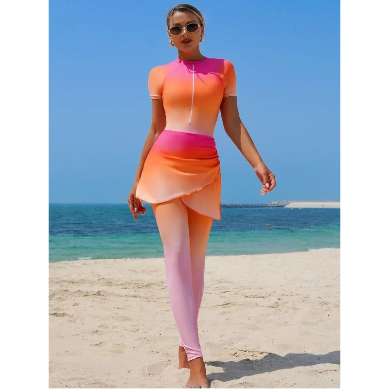 

Front Zip Burkini Muslim Modest Women Swimwear Short Sleeved UPF50+ Rash Guard Arabic Swimwear Beach Wear