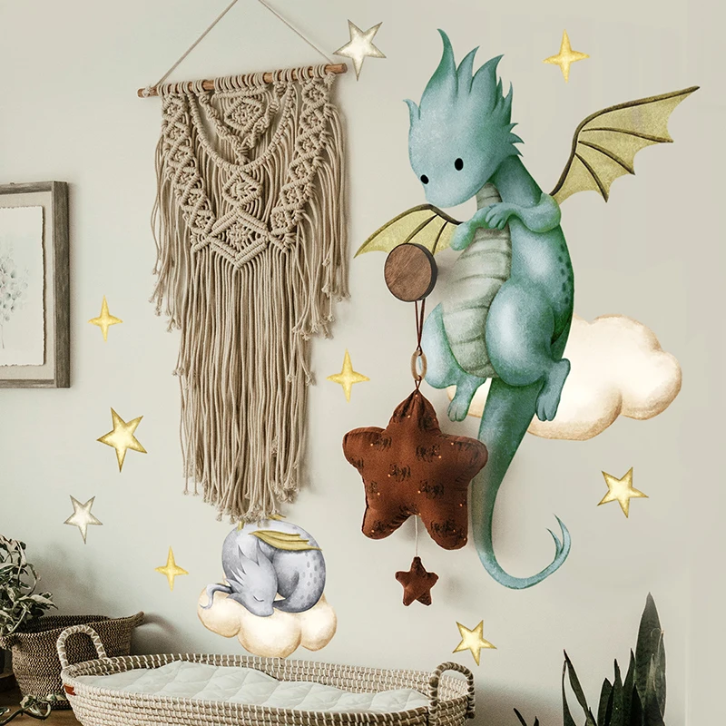 Baby Dragon Wall Decals Wall Stickers Stars Clouds Nursery Playroom Decor,Kids Room Home Decorations Boys Boys Girls Bedroom