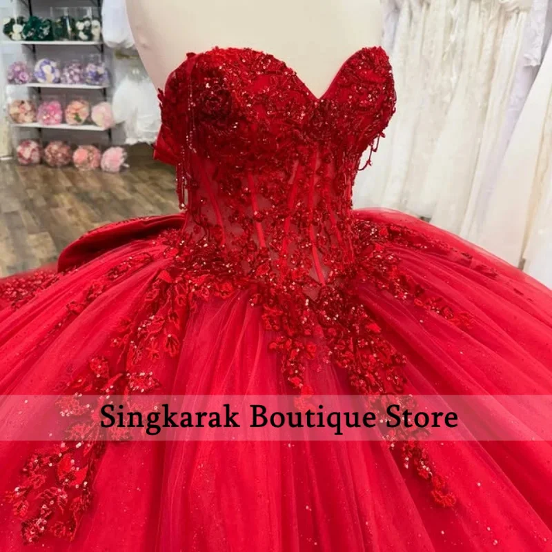

Red Off the Shoulder Sequin Crystal Applique Flower Lace Long tail Bow Vestido 15 Quinceanera Customized