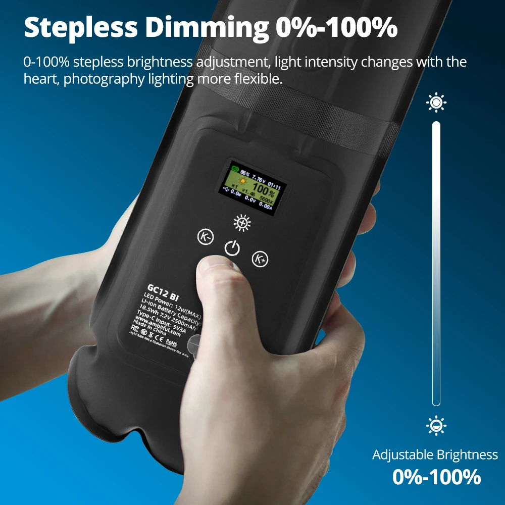 Ambitful GC12 Bi-Color Inflatable Tube Light, 12W 2500mAh, 2700K-6500K CRI 95 TLCI 96, Dimmable Handheld LED Photography Light