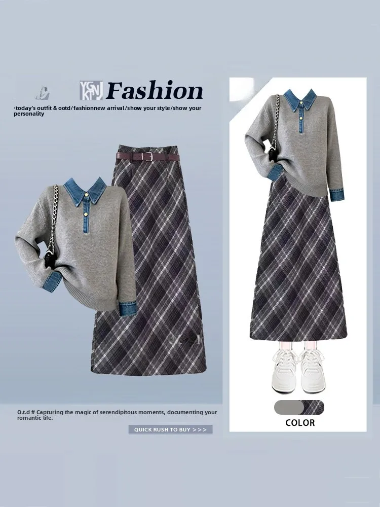 

Preppy Style Knitted Cardigan And Plaid Skirt Set Women's Spring New Age Reduction Slimming Fashion Ensemble