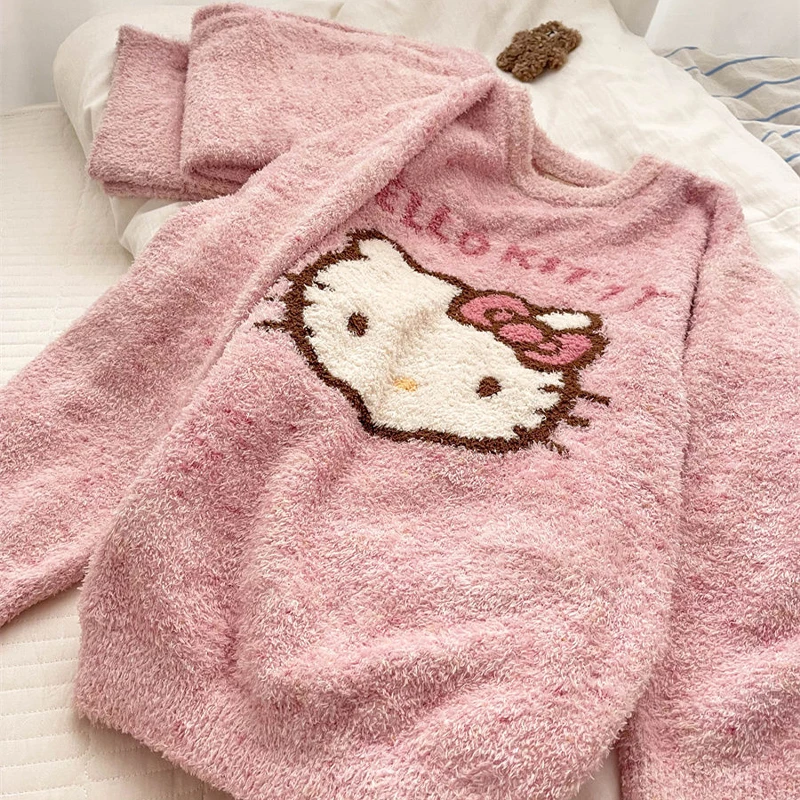 New Sanrio Hello Kitty Kawaii Original Girl Sweet Pajamas Female Winter New Mirad Style Round Neck Can Go Out Homewear Suit