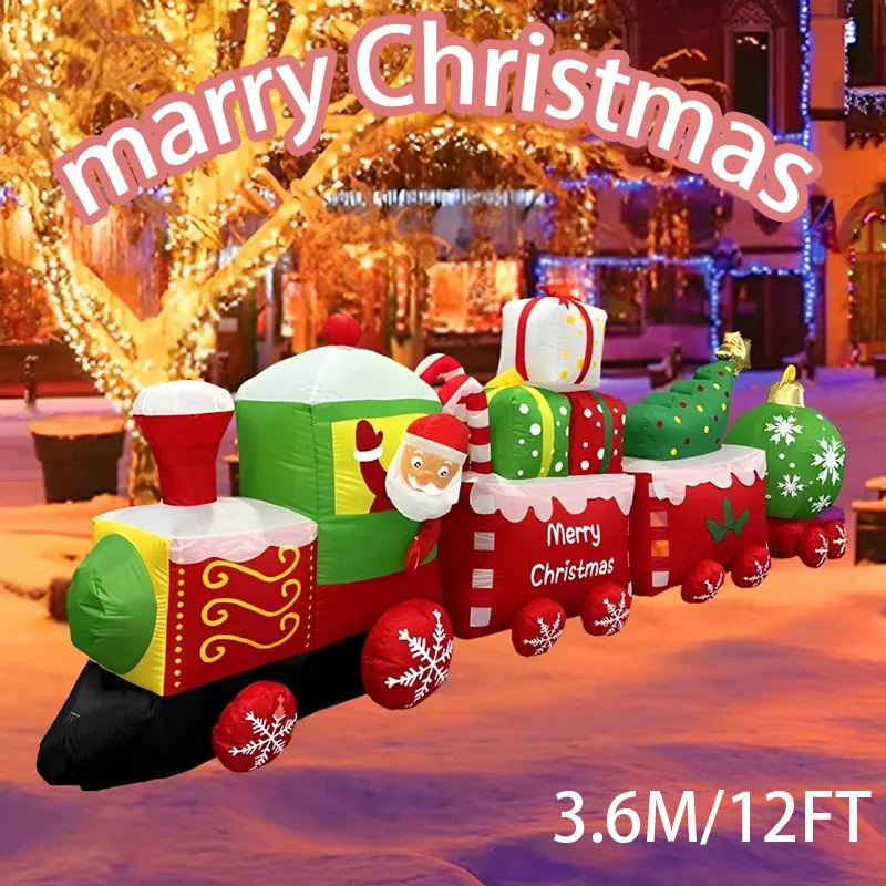 3.6M/12FT Christmas Inflatable Decoration Overlength Christmas Train with Santa Claus Iflatable Moldel with LEDs Home Xmas Decor