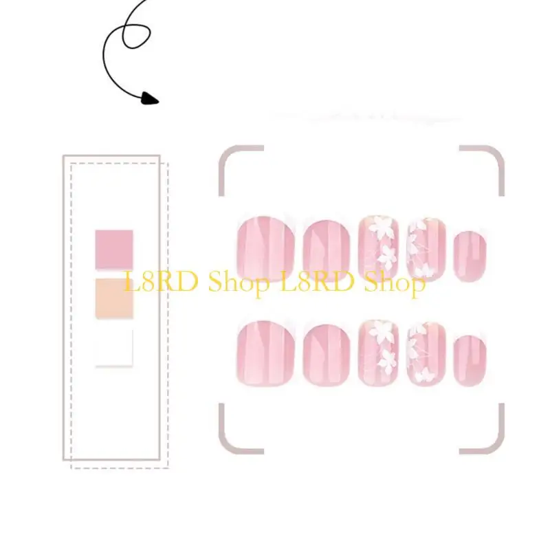 L8RD 글로시 플로랄 프렌치 팁 사각 인조 네일 세트 네일 액세서리에 스틱 24개