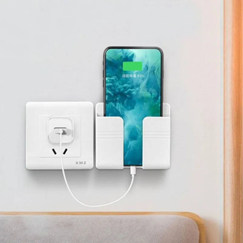 1Pc White Punch Free Wall Mount Phone Plug Holder Mobile Phone Charging Stand Air Conditioner TV Remote Control Storage Box image 3