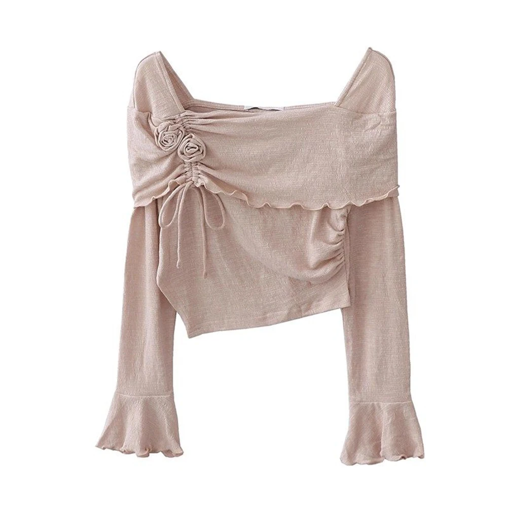 T-shirt manches trompette Rose tridimensionnel, nouveau Style français rétro doux, haut irrégulier à la mode pour femmes, printemps été