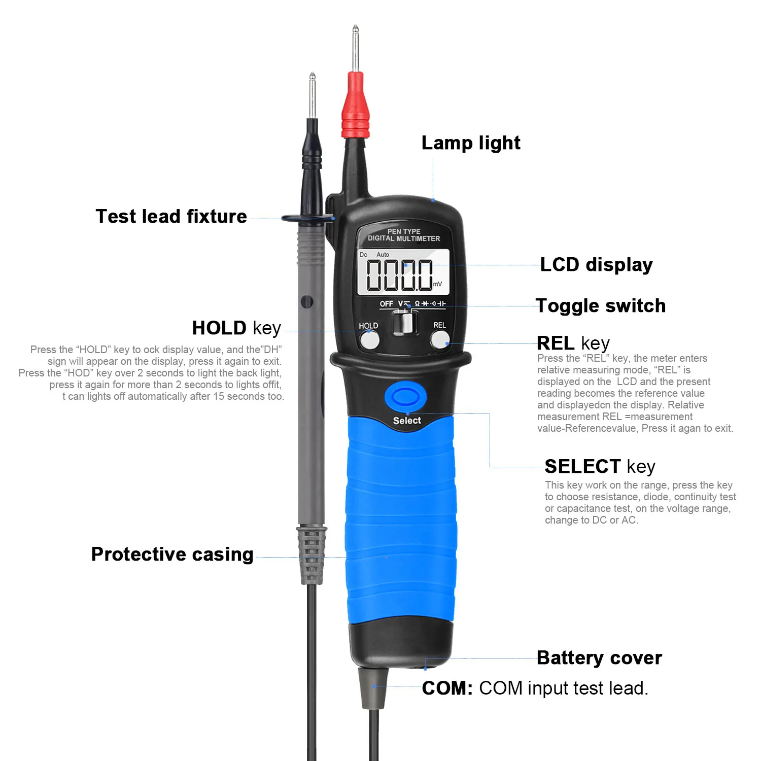 HoldPeak 38B Pen Type Digital Multimeter 1999 Counts True RMS AC/DC Voltage Resistance Diode Continuity Tester LED Light for DIY