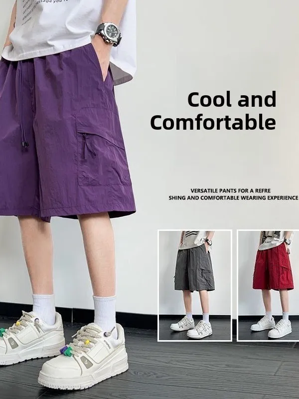

Quick Dry Ice Silk Casual Youth Couple Workwear Shorts Summer Simple Korean Style Polyester Fiber Loose Fit Elastic Waist