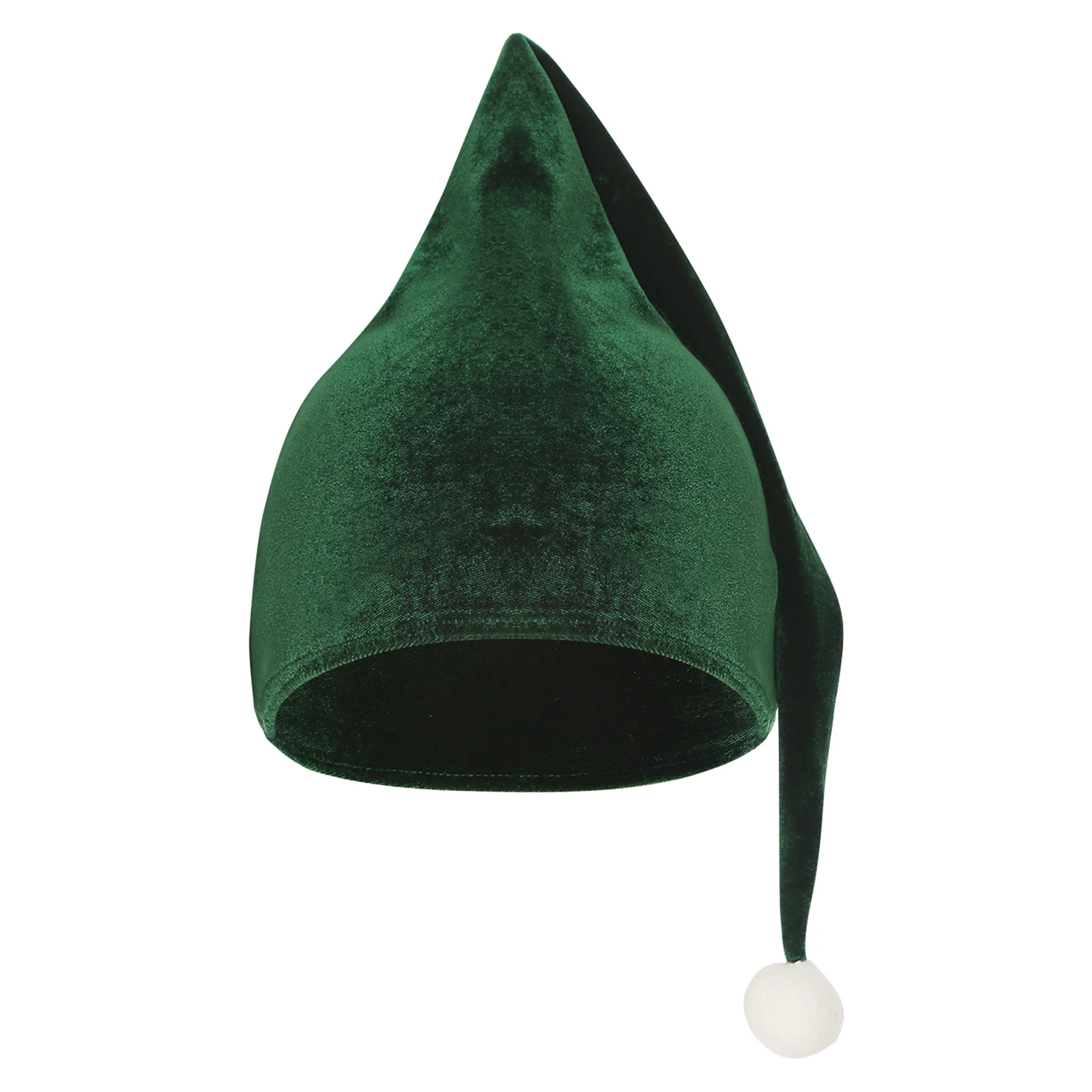 Women Christmas Fairy Elf Hat Headwear Green Velvet Hat White Pompom Long Hat for Xmas Party Dress Up Costumes Accessory