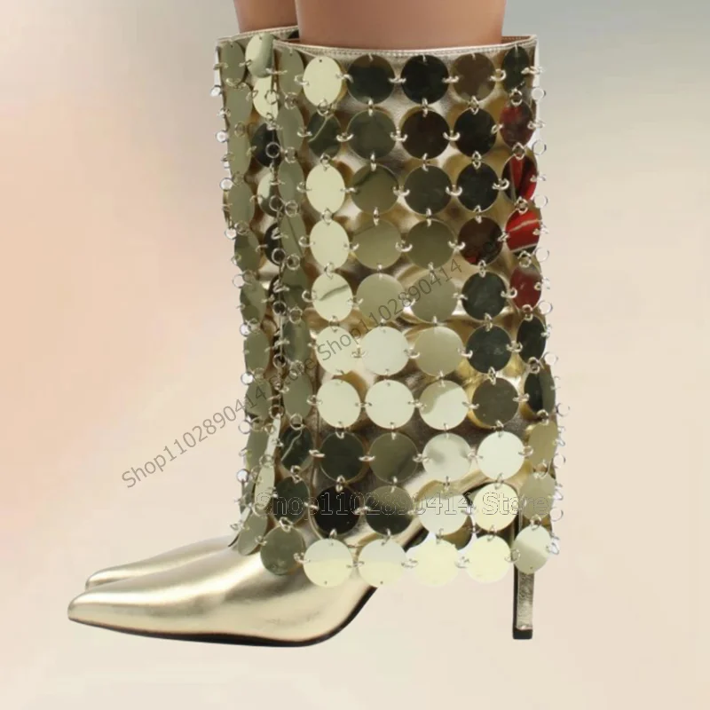 Bottes pointues à paillettes dorées pour femmes, chaussures à enfiler, talons hauts fins, décoration de fête, roman, 2023