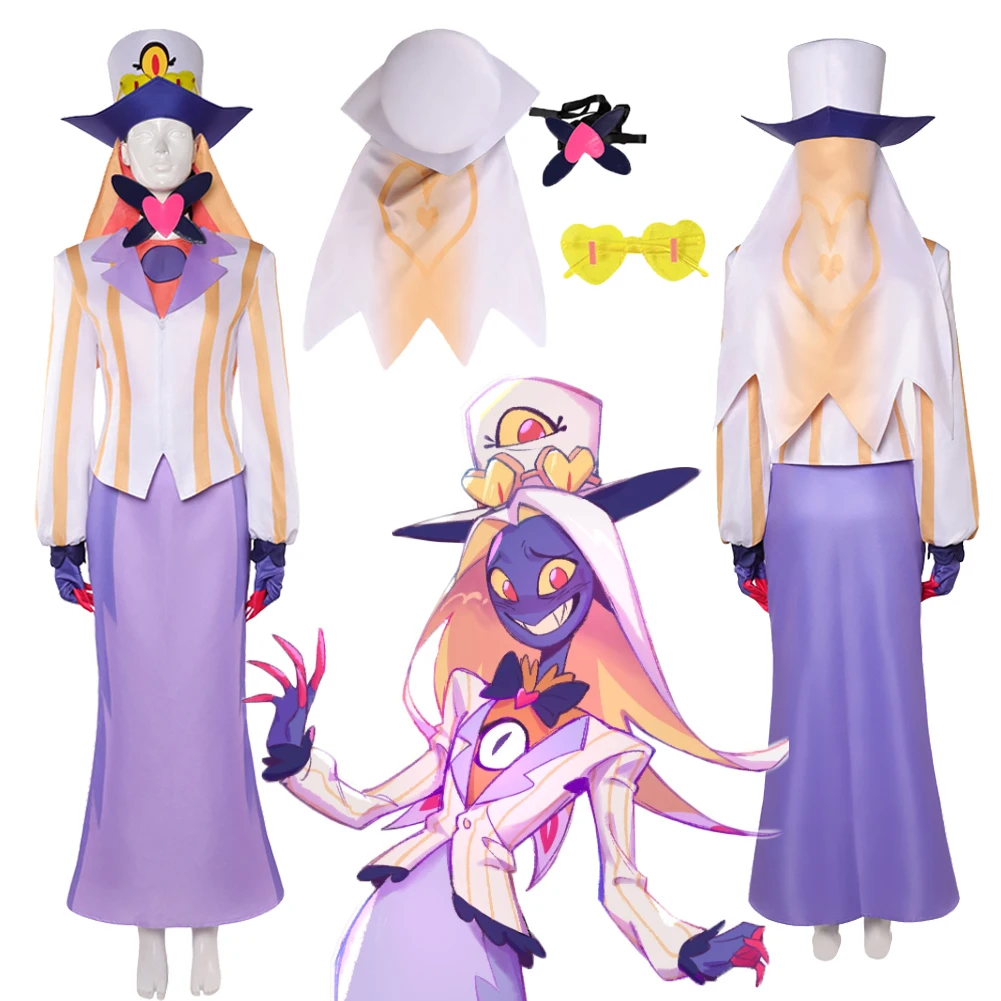 

TV Hell Inn 2 Hotel Sir Pentious Cosplay White Suit Coat Hat Costume Uniform Purple Skirt Clothes Set Halloween Carnival Outfits