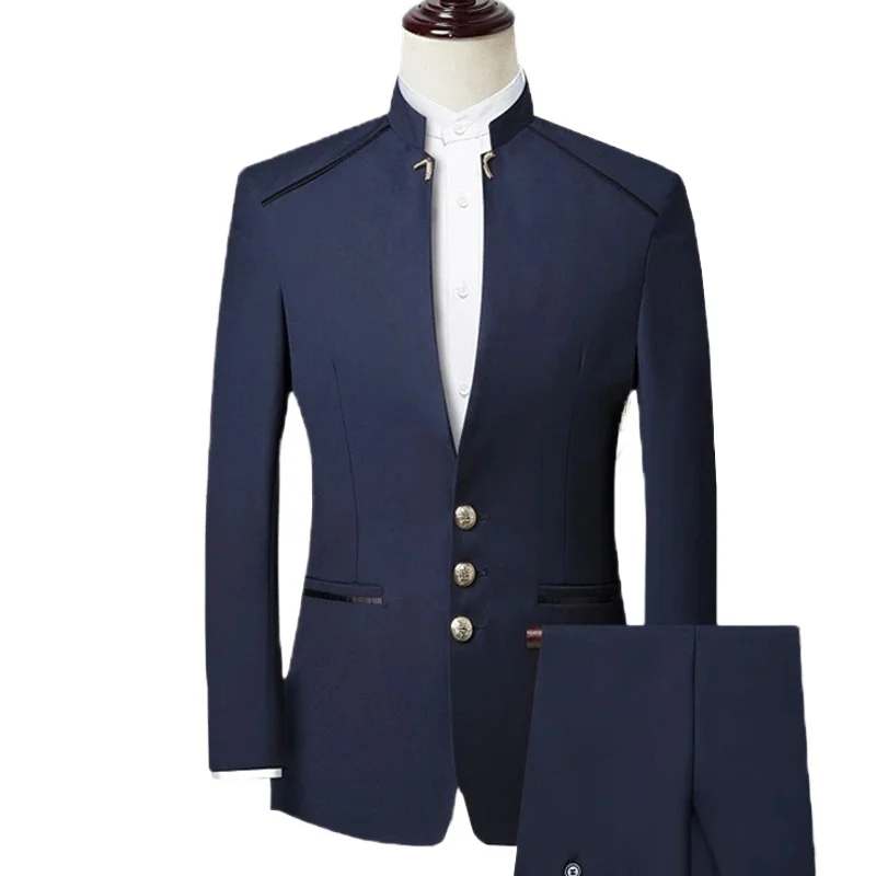 

Men Suit Chinese Style Stand Collar Blazer Male Wedding Groom Slim Fit Standerd Size Blazer Set Tuxedo(Jacket+Pant)