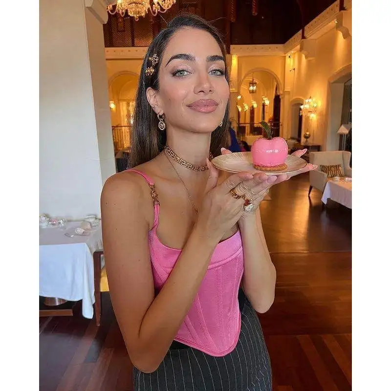 Sexy Pink Strap Top Super ort Par Evening High Street Faion Summer Hit Women's Vest Strapl ort Pure Color Garment