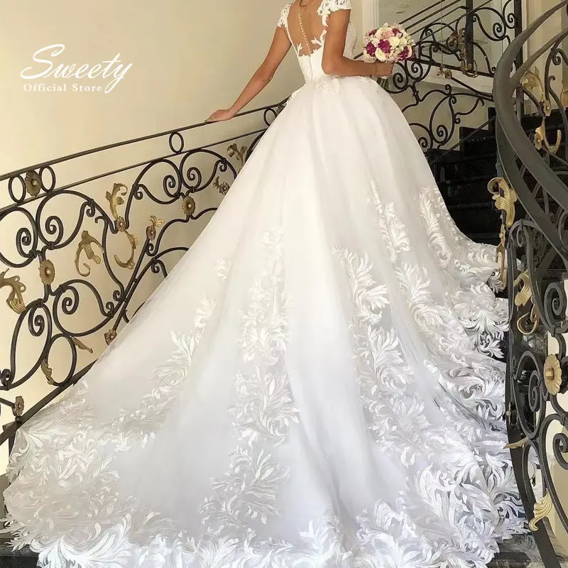 Luxury Wedding Gowns Chiffon With Beading  Embroidery Ball Gown Train O-neck Full Sleeve Wedding Dresses Church Wedding Button