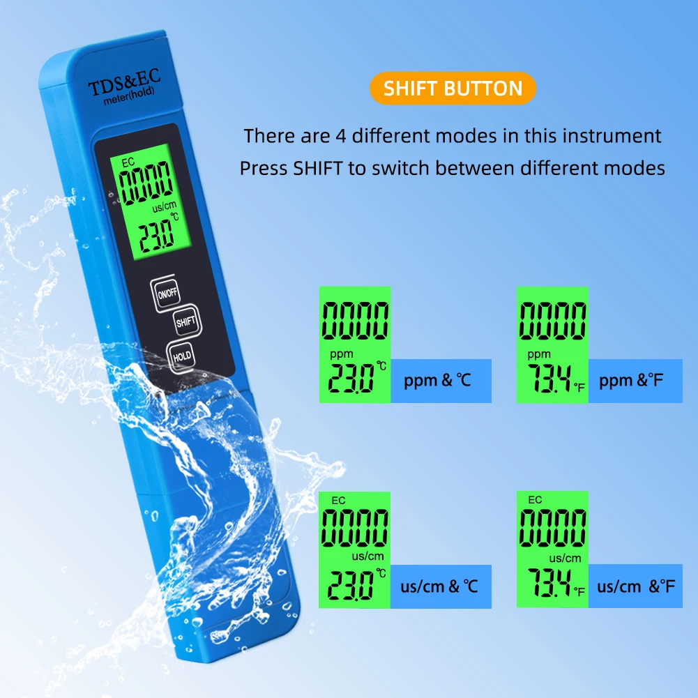 Yieryi 3 In1 EC Meter TDS Temperature Tester Conductivity Water Quality Measurement Pen 0-9999ppm for Swimming Aquariums