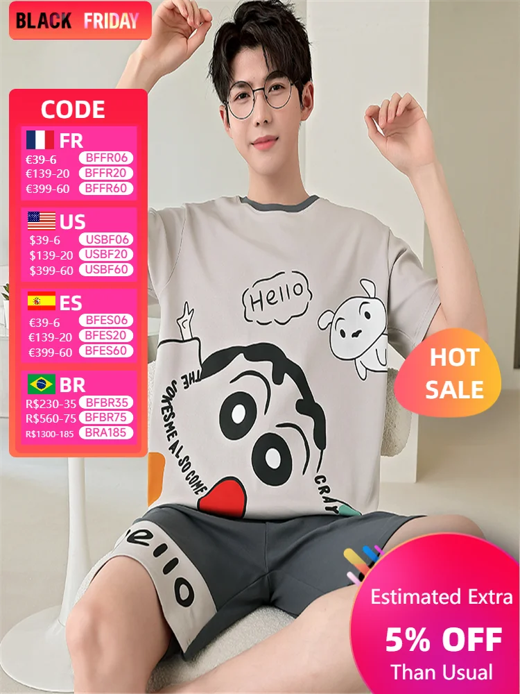 2024 Summer Men’s Sleepwear Cotton Cartoon Pajamas Sets For Man Short Loungewear Young Home Wear Fasion Student Pyjama Set Homme