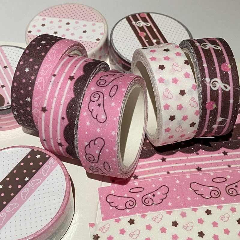 Korean Ins Cute Pink Brown Strawberry Tape Flash Sand Hand Account Decorative Tape Collage Planner DIY School Stationary Sticker