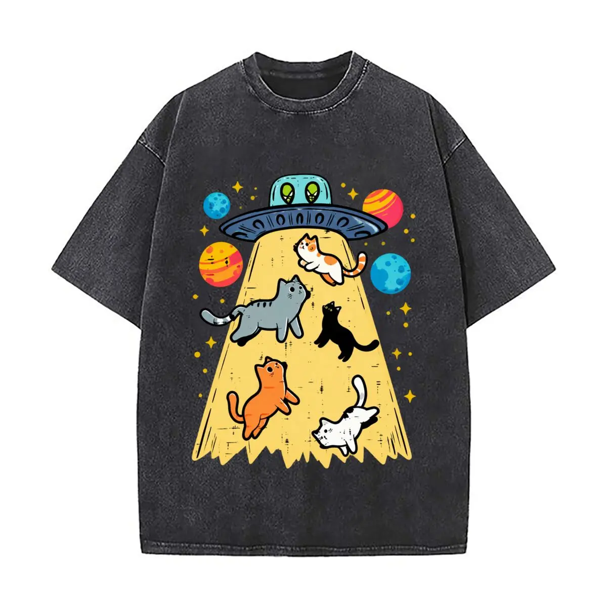 Cosmic Cat Abduction Flying Saucer Space Cats Washed Short Sleeve Loose Streetwear Tee Hip Hop
