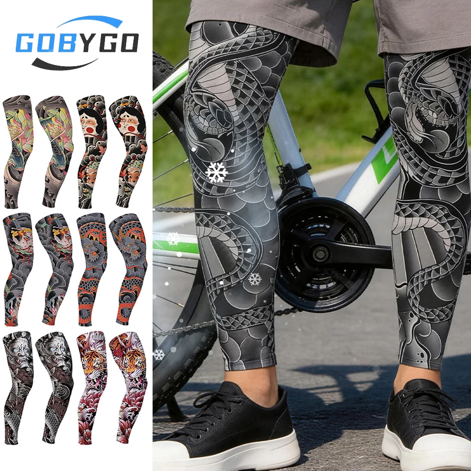 GOBYGO 1 par de mangas para piernas con estampado de tatuaje, tiras antideslizantes de silicona, protección para las rodillas, tela transpirable para ciclismo deportivo, protección solar y refrescante