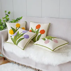 Embordered Floral Pillow Cover Plant Leaves Pink Yellow Orange Canvas 45x45cm Home Decoration Cushion Cover Living Room