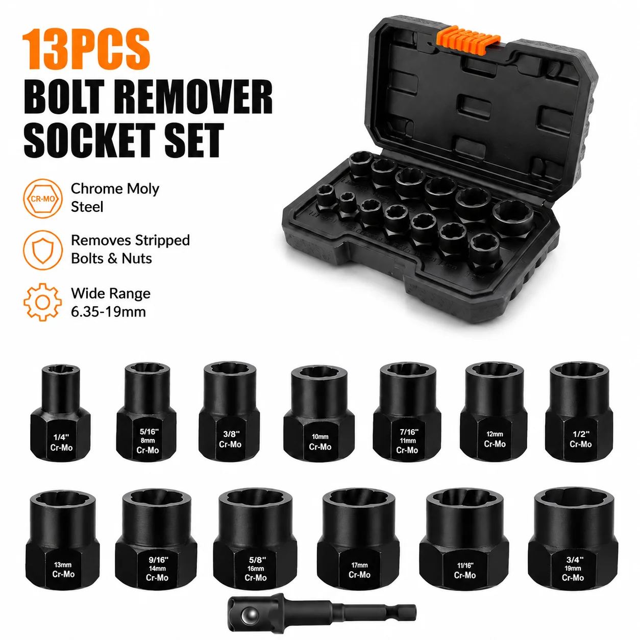 

Chrome Molybdenum Steel 13PCS Bolt Extractor Socket Kit, 6.35mm to 19mm ScrewNut Remover for Damaged Fasteners Automotive Repair