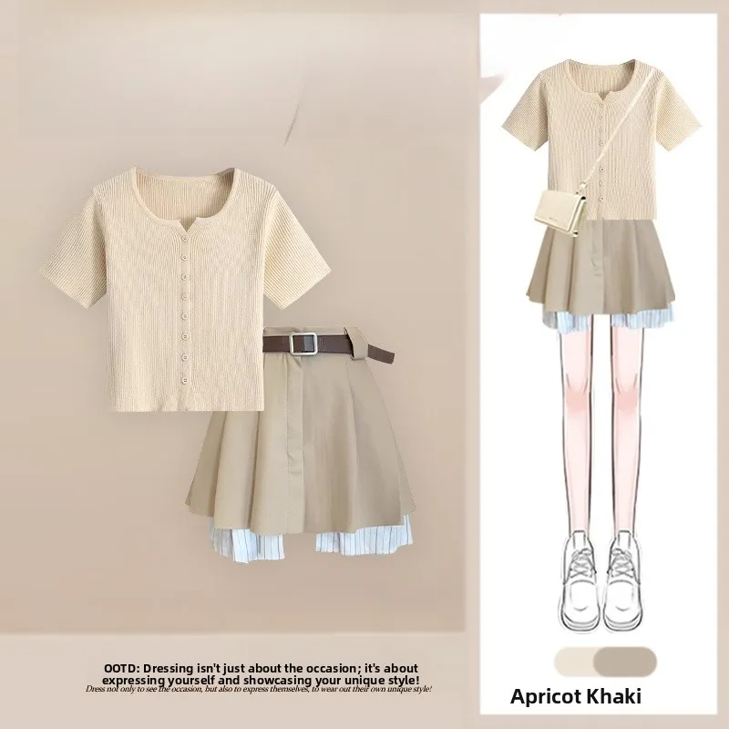 

Летний новый комплект: женская вязаная футболка и короткая юбка с высокой талией, мягкий принт в стиле колор-блок, повседневный модный образ