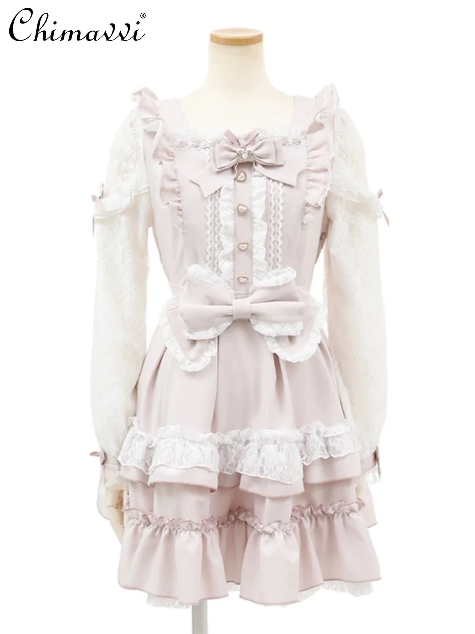 Japanese Style Liz Mass-Produced Lace Strapless Long Sleeve Bow Lolita Dress Summer Girl Women's Ribbon Cake Layer Y2k Dresses