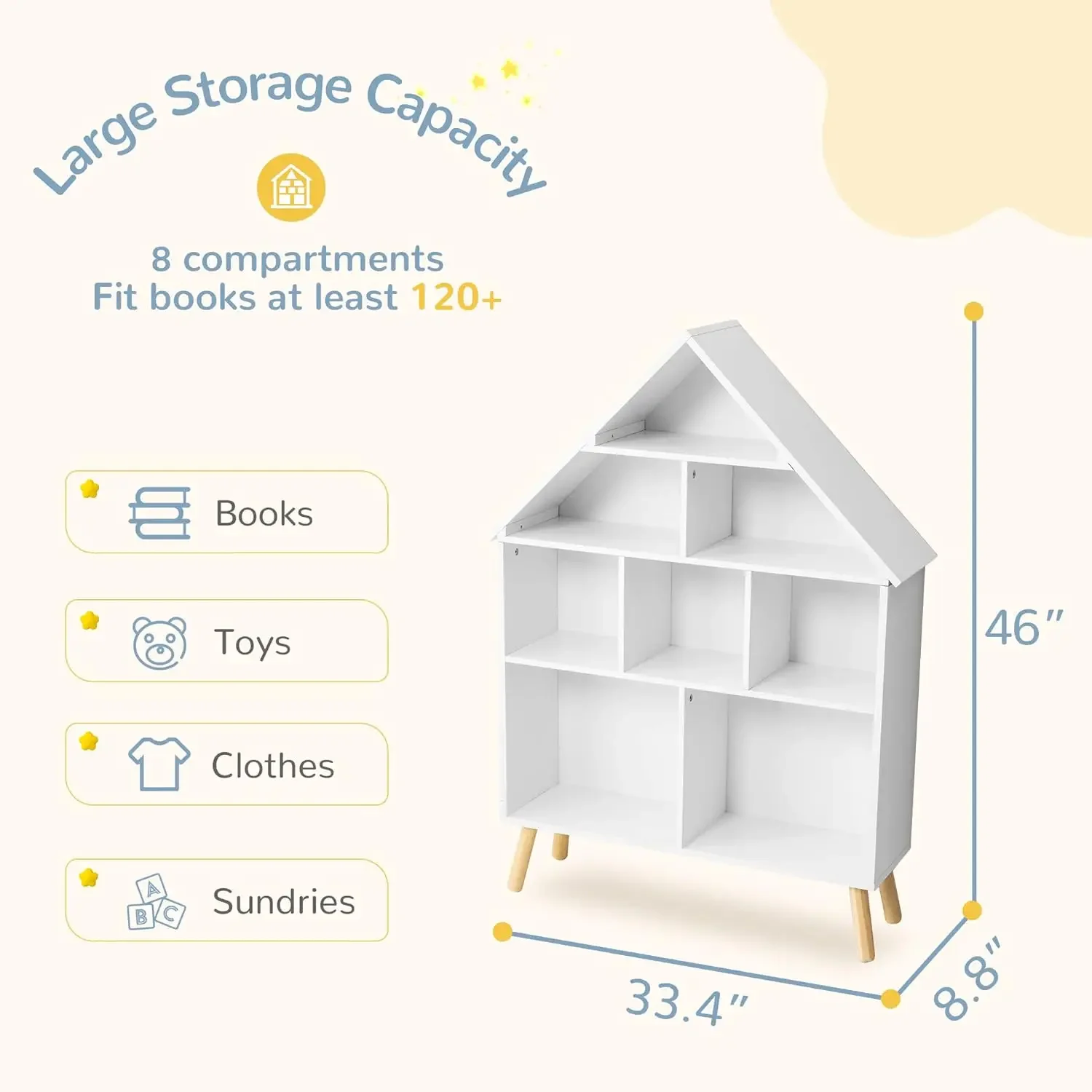 Bookshelf and Baby Storage - Wooden Stand Dollhouse Bookcase with 4-Tier Storage Display Organizer, Children Bookshelf for Playi