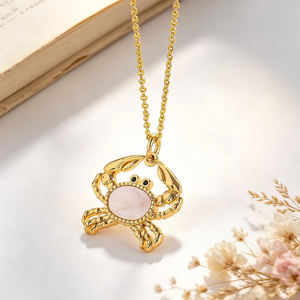 Gold Crab Pendant Necklace 50cm 2.3cm Mother of Pearl Inlay Cancer Zodiac Charm Nautical Animal Jewelry Birthday Gift for Women