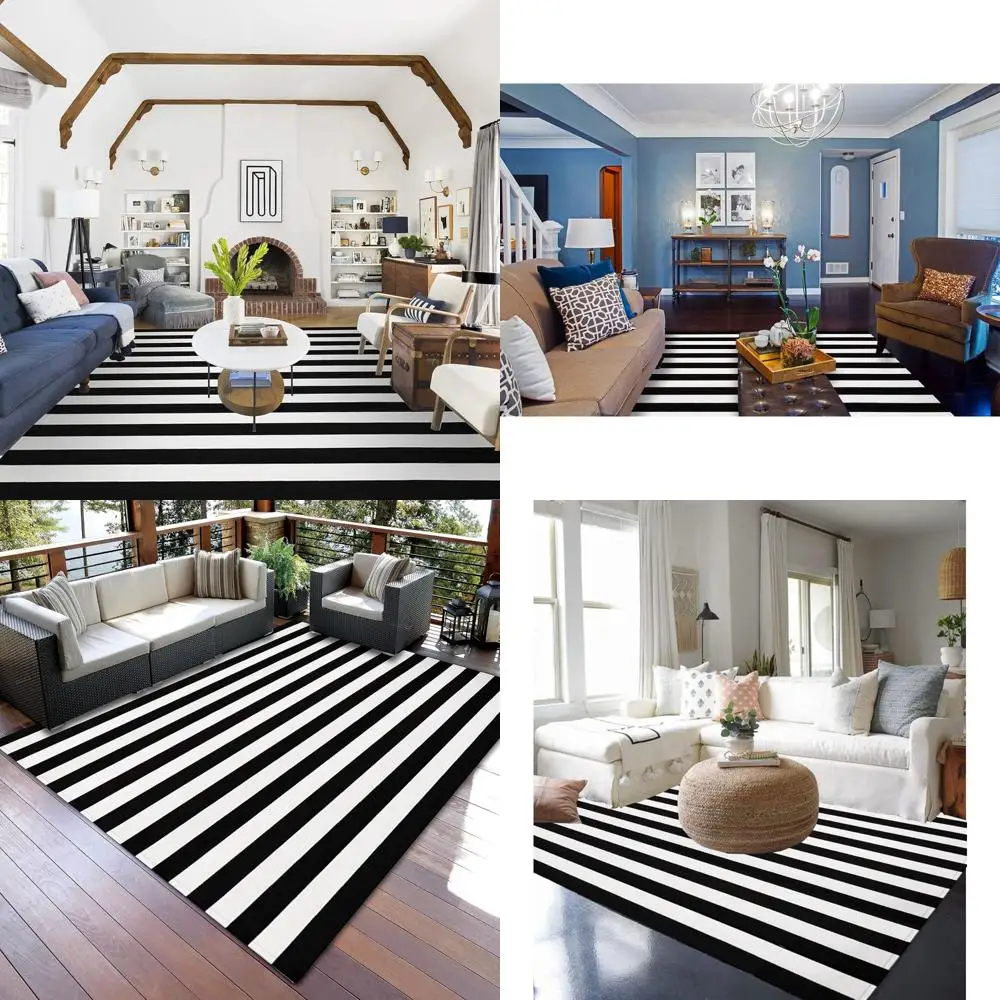 

Reversible Black and White Striped Hand-Woven Outdoor Rug, 8x10, Washable Retro Lattice Pattern