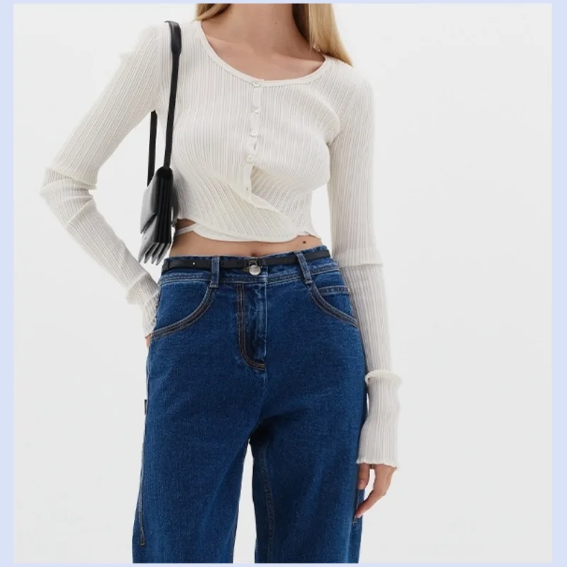 26 year new Korean style strap design slim fit pit stripe knitted short cardigan top