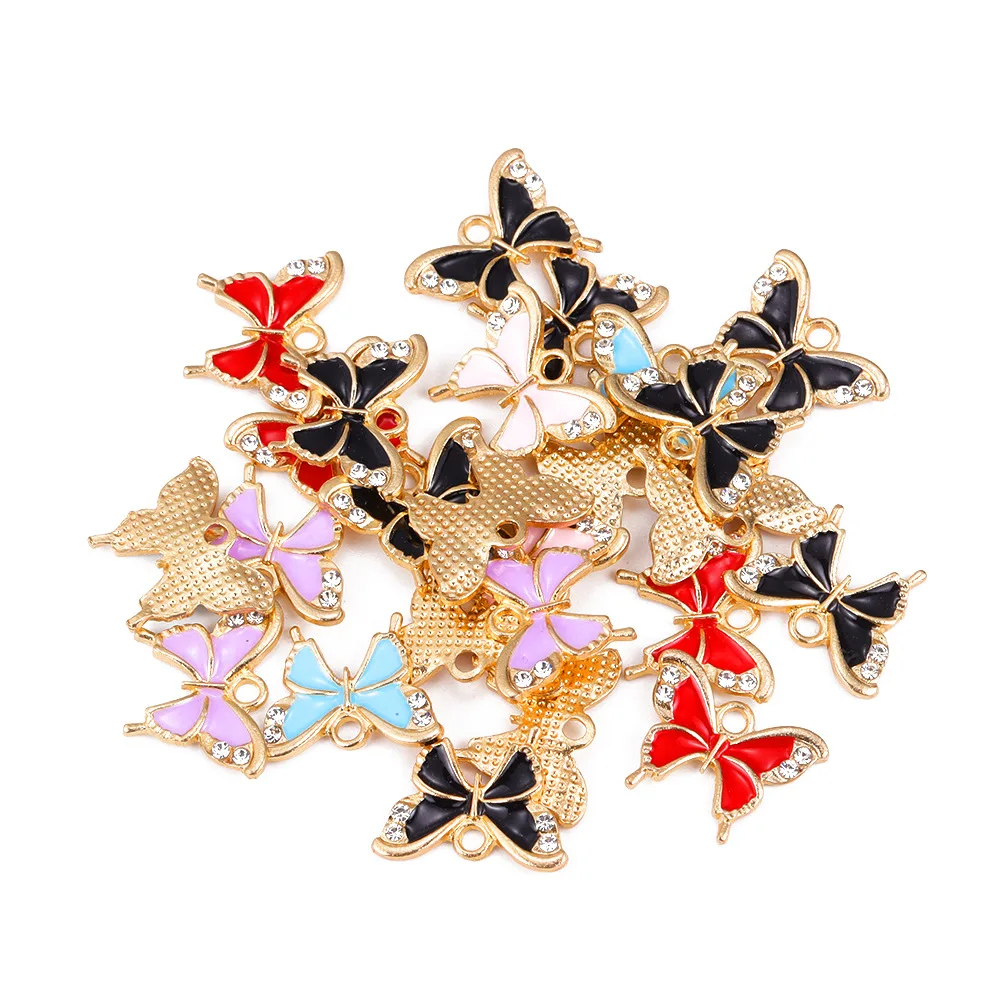 다채로운 나비 에나멜 매력 금속 합금 매력 펜던트 팔찌, 다이아몬드 보석 액세서리, 보석 만들기 찾기, 10 개