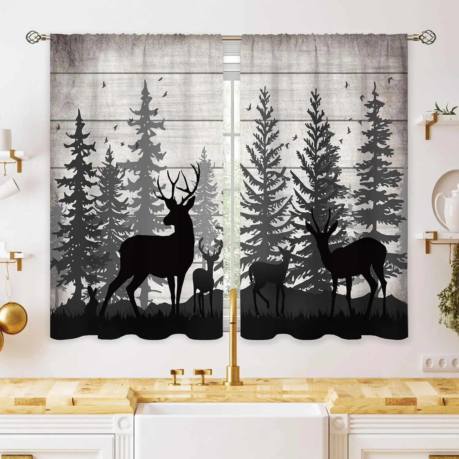 Rustic Woodland Deer Forest Silhouette Curtain Pair Black White Nature Cabin Living Room Nursery Window Decor