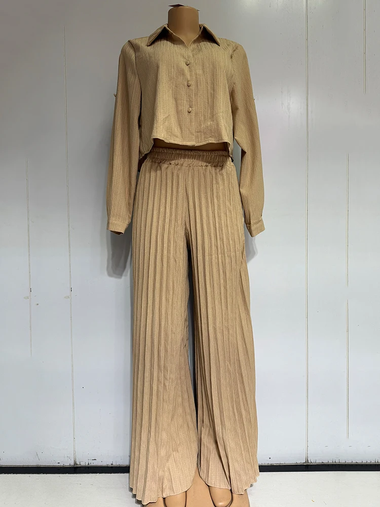 Solid color lapel long-sleeved short shirt two-piece set 2025 Autumn women's fashion set + pleated loose wide-leg pants