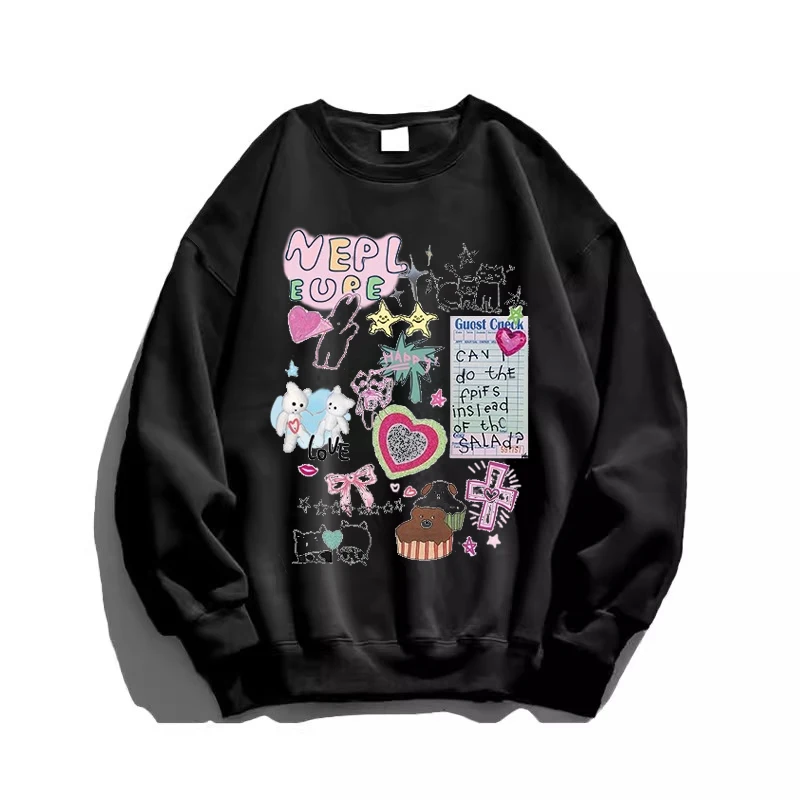 Autumn Winter New Women's Sweet Cute Cartoon Graffiti Print Gray Sweatshirt American Retro Pink Round Neck Velvet Casual Top