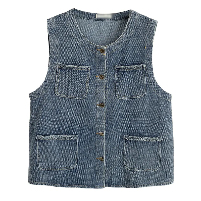 

Fashion Plus Size Women's Denim Vest Stylish Fringed Pocket Workwear Autumn Of 2025 Sleeveless Jacket 977