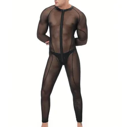 Sexy Mens Onesies Mesh See-through Jumpsuit Long Sleeve Zipper Rompers One-piece Pajamas+PU Leather Thongs Sleepwear Underwear