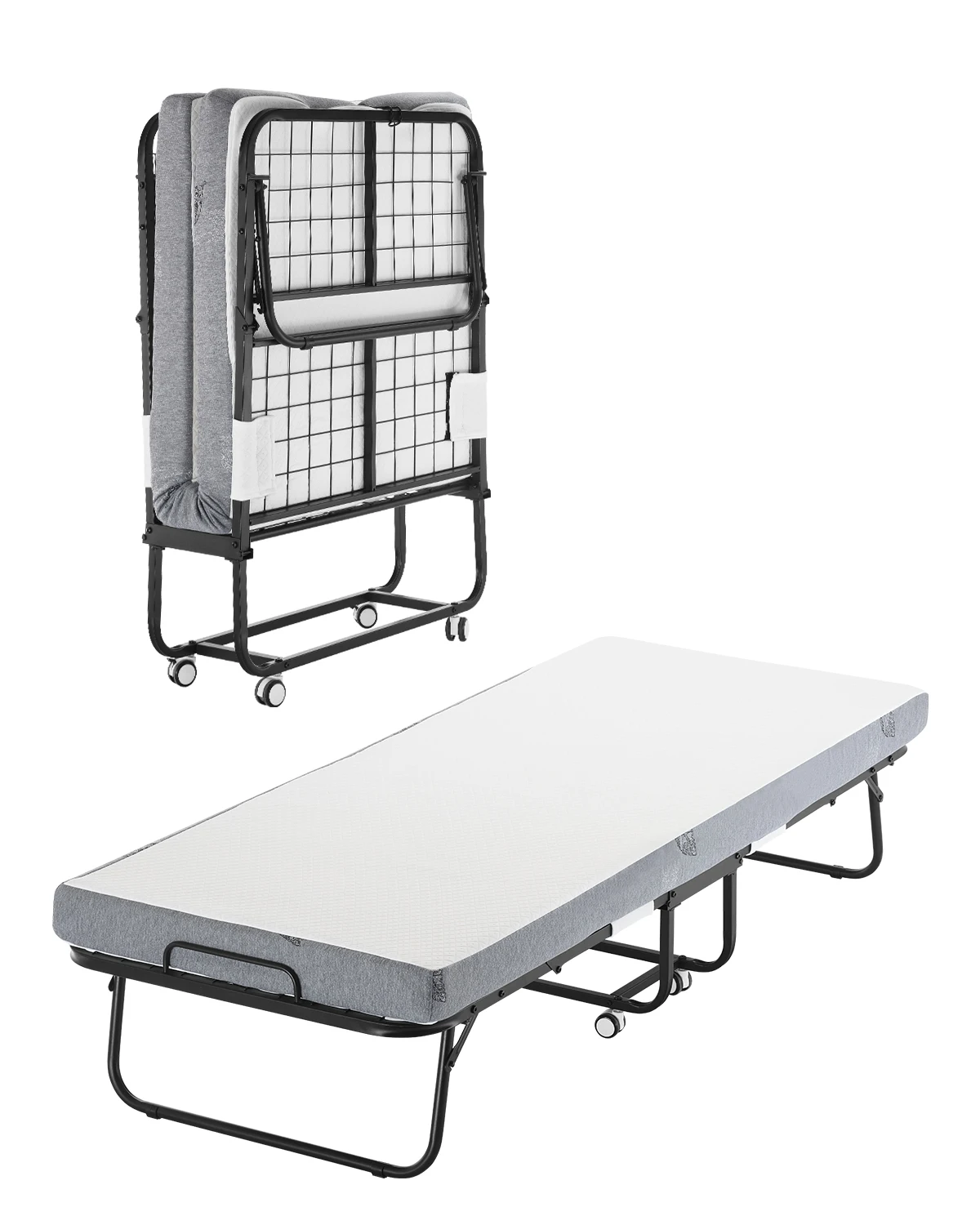 SucceBuy 31/38in Rollaway Bed Portable Twin Roll Away Bed Sturdy Metal Frame & Memory Foam Mattress Multi-functional Recliner