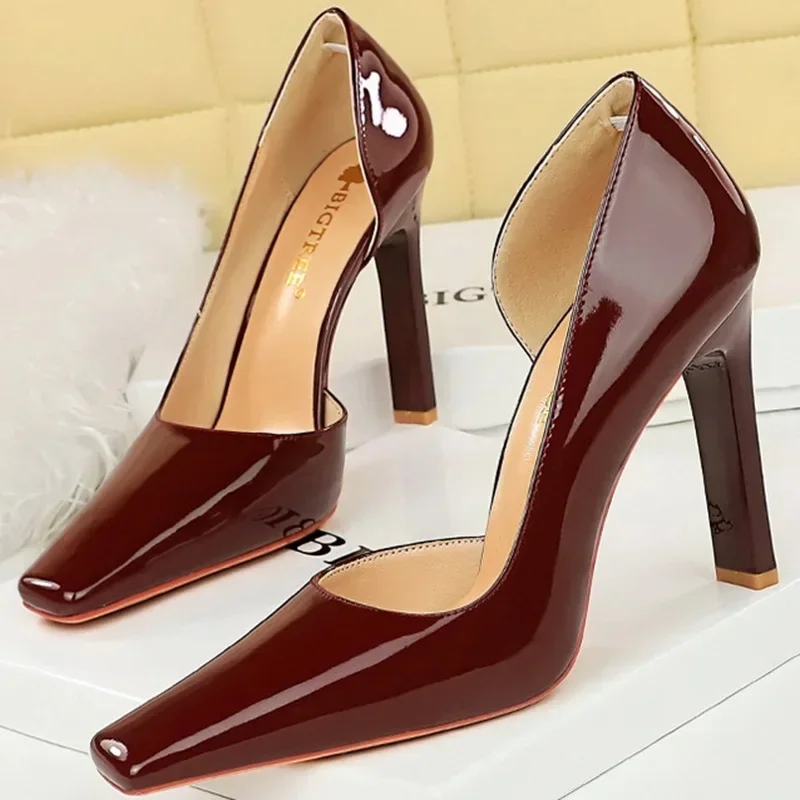 Women 11cm Super High Heels Square Toe Side Hollow Office Pumps Lady Red Nude Glossy Patent Leather Concise Holiday Dress Shoes