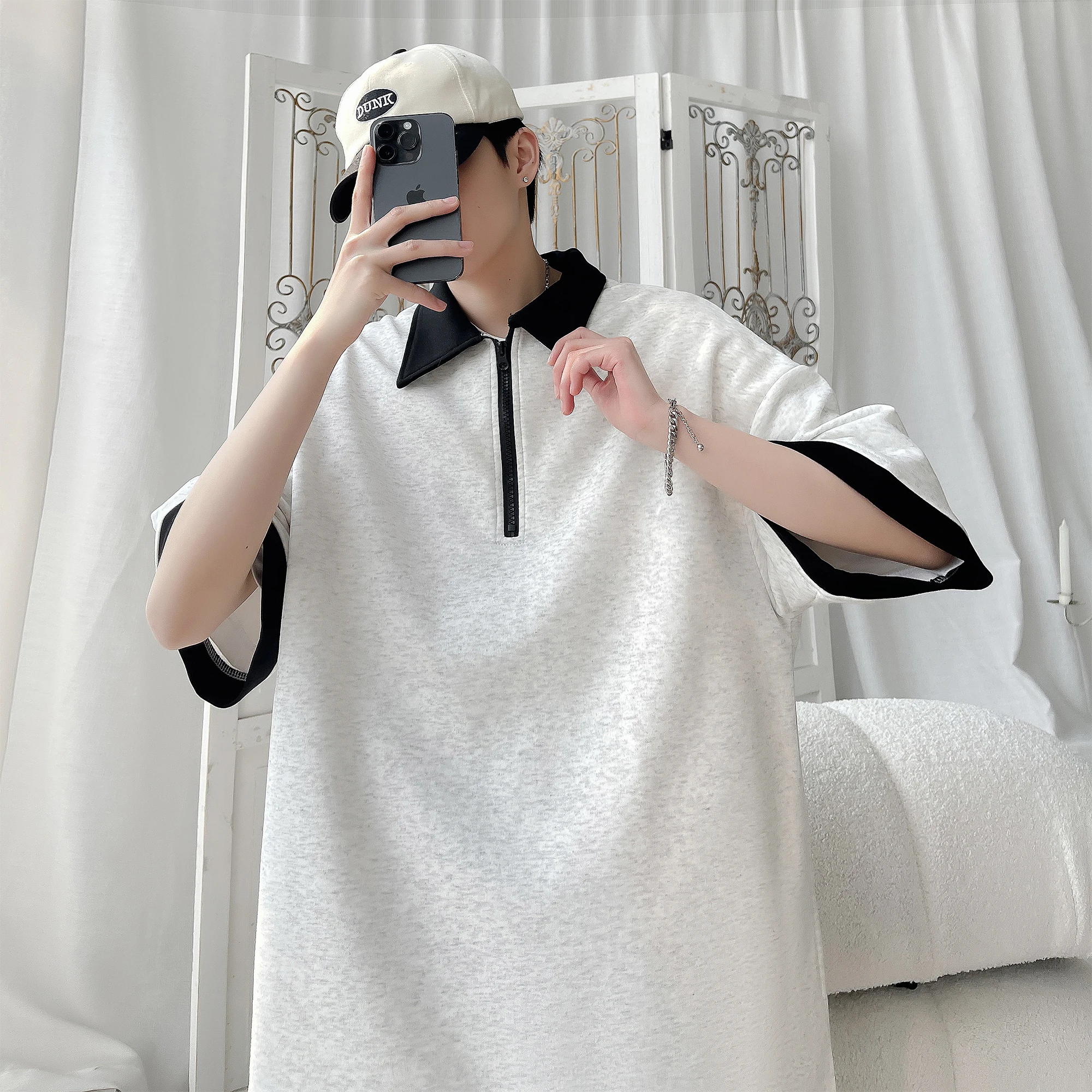 Men's Summer New Style Button-Up Fake Two-Piece Polo Shirt Short-Sleeve Trendy T-Shirt Loose