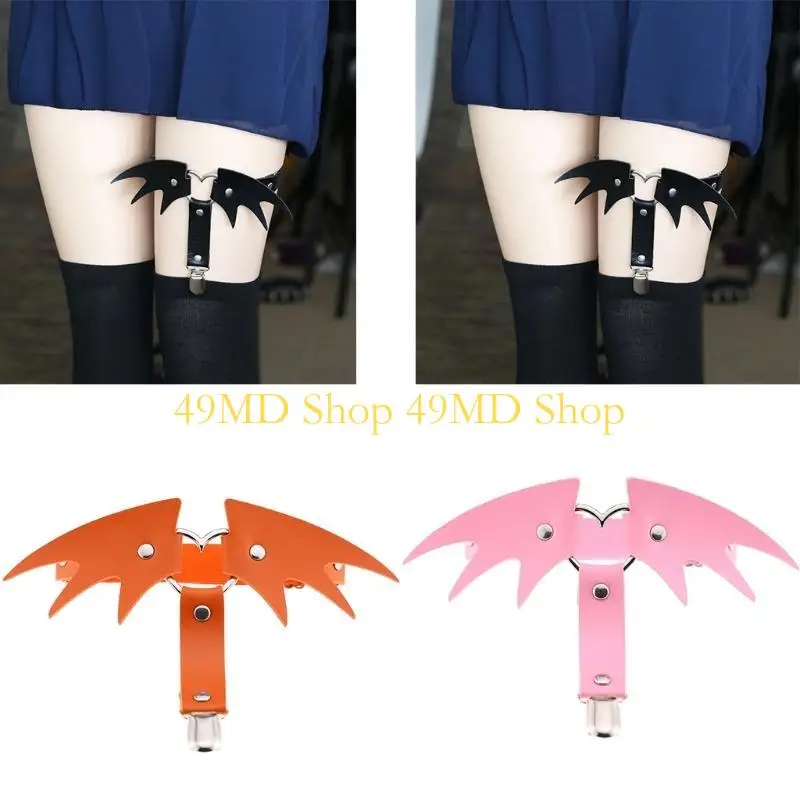 

49MD Women Punk Faux Leather Garter Belt Metal Heart Halloween Batwings Adjustable Thigh Ring Gothic Harness Jewelry