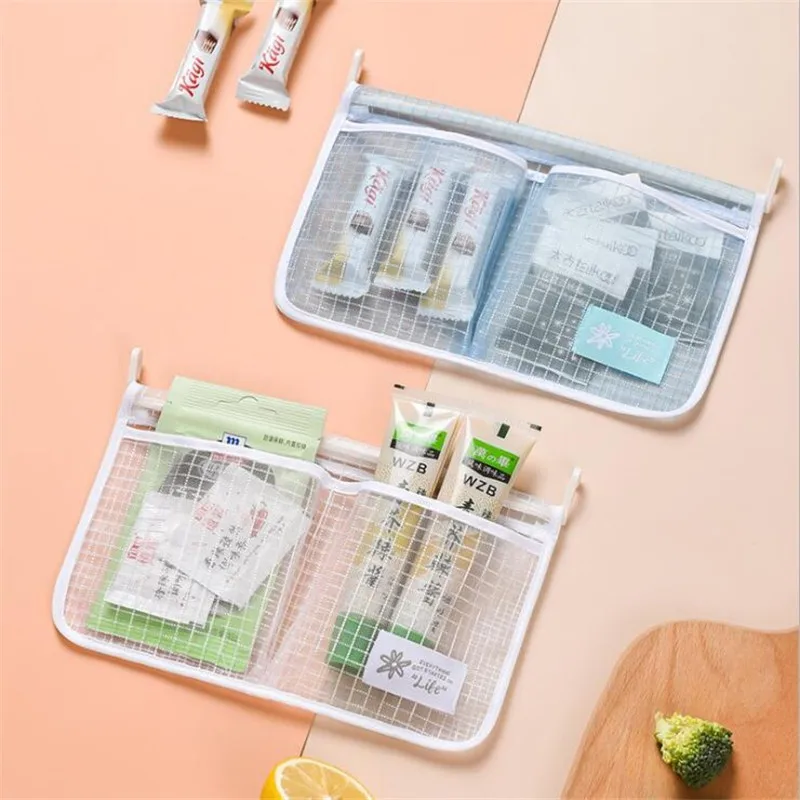 1pc Double Compartment Mesh Bag Sundries Classification Refrigerator Hanging Bag Milti-Purpose Seasoning Storage Bag Organizer