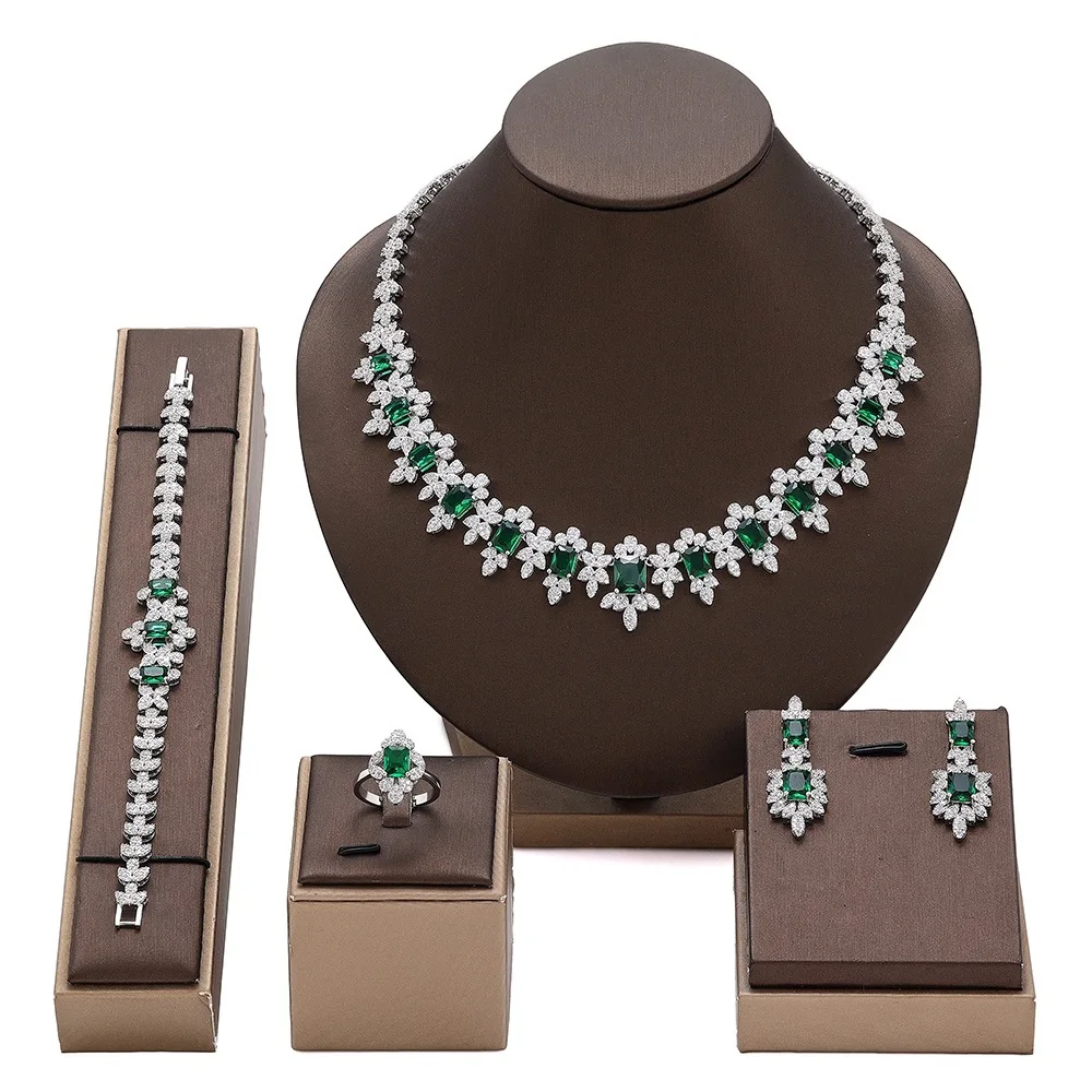 4Pcs Green Cubic Zirconia Necklace Earring Ring Bracelet For Wedding Party Women Statement Bridal Accessories Luxury Jewelry Set