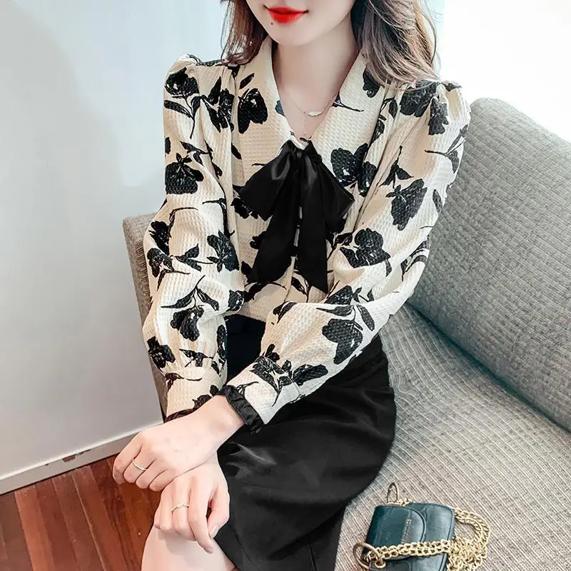 Women\'s Clothing 2024 Korean Fashion Bow Print Button Up Shirt Chic Sweet Chiffon Blouse Casual Long Sleeve Tops Blusas De Mujer