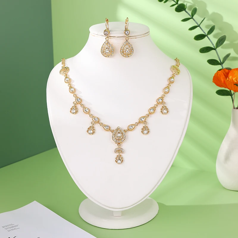

Золотистый комплект свадебных украшений для женщин: ожерелье с подвеской в форме капли из страз и аксессуары для волос, двойного назначения, в марокканском стиле