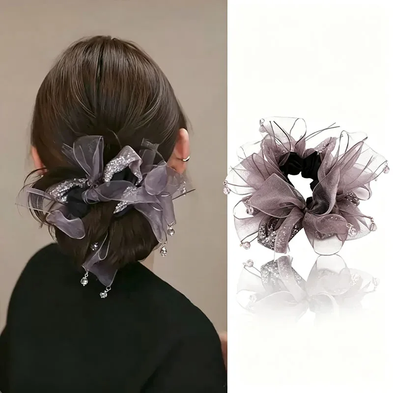 Luxuriöser Strass-Haargummi mit Schleife für Damen und Mädchen, süßer Haarschmuck, elastisches Haarband, Haargummi, Haarring, modisches Haar-Accessoire – Detail 7