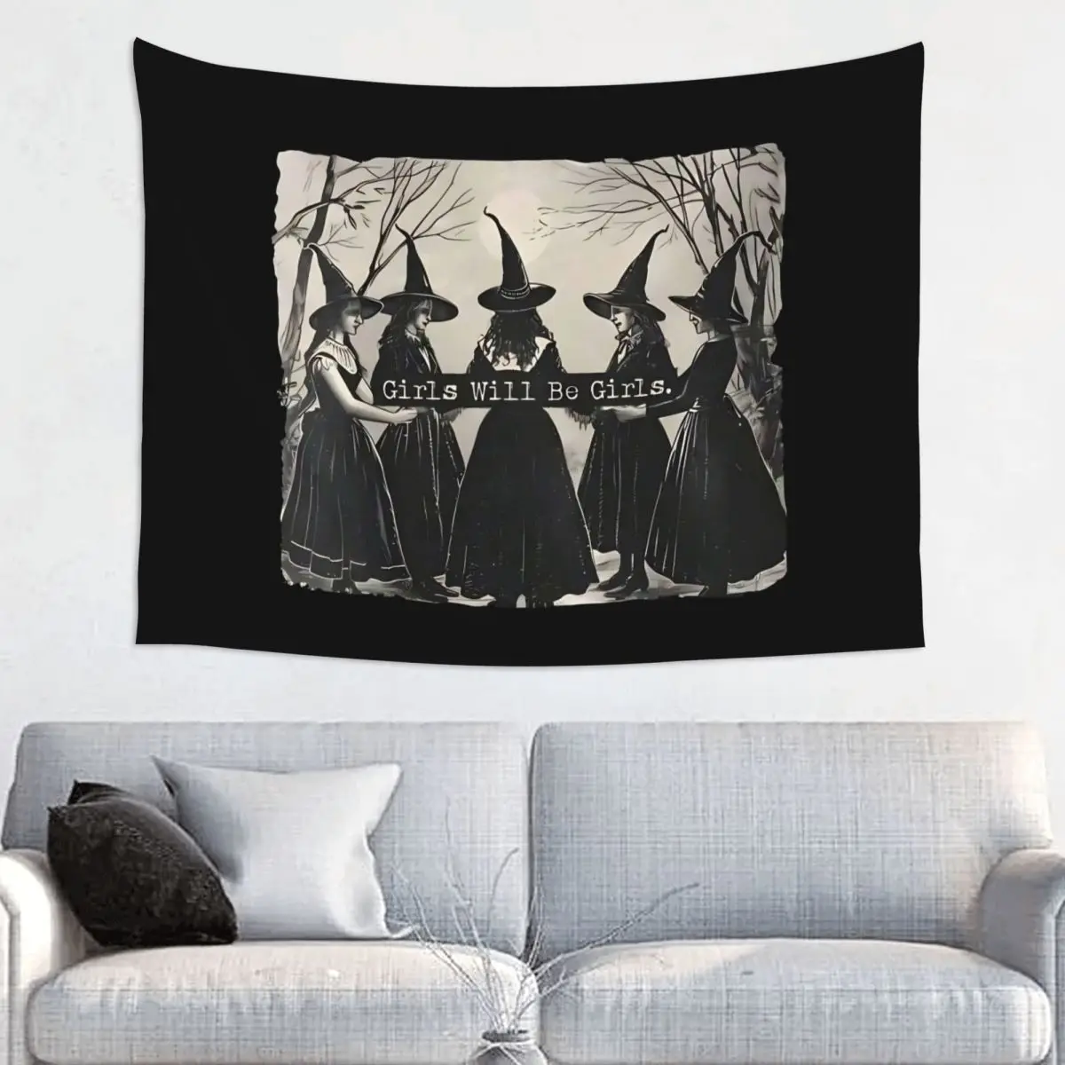 Girls Will Be Girls Black Tapestry Bohemian Polyester Wall Hanging Halloween Witch Room Decor Table Cover Witchcraft Blanket